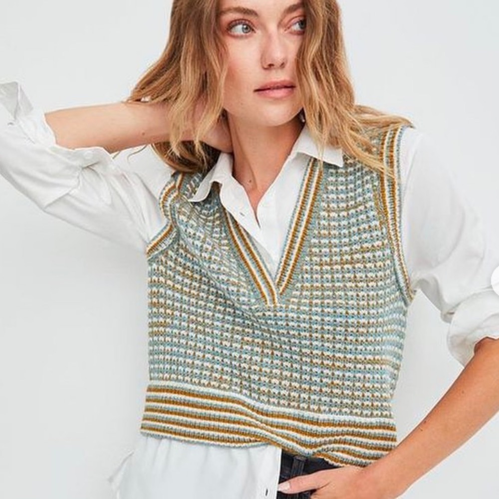 Veronica Beard Serwa Mixed Media Knit Sweater Vest Twofer Shirt